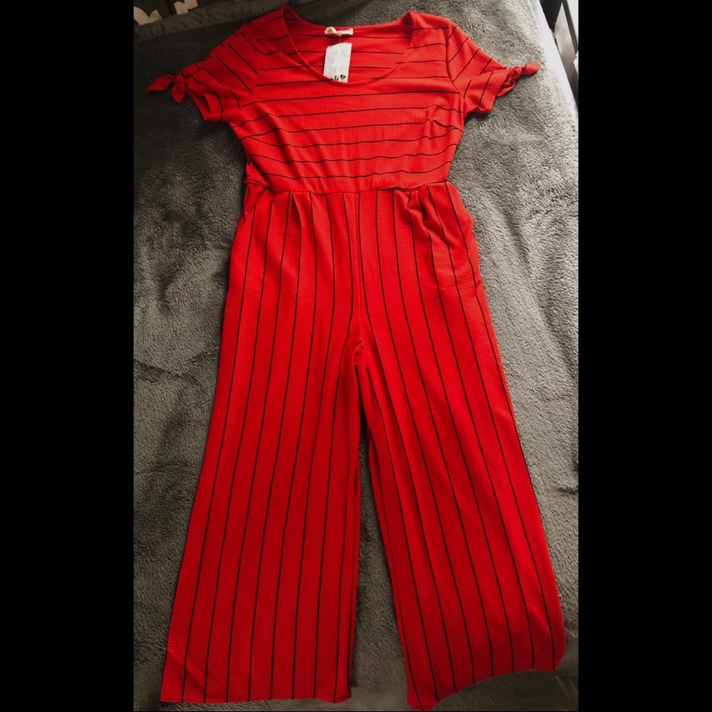Red pinstripe one piece jumpsuit
